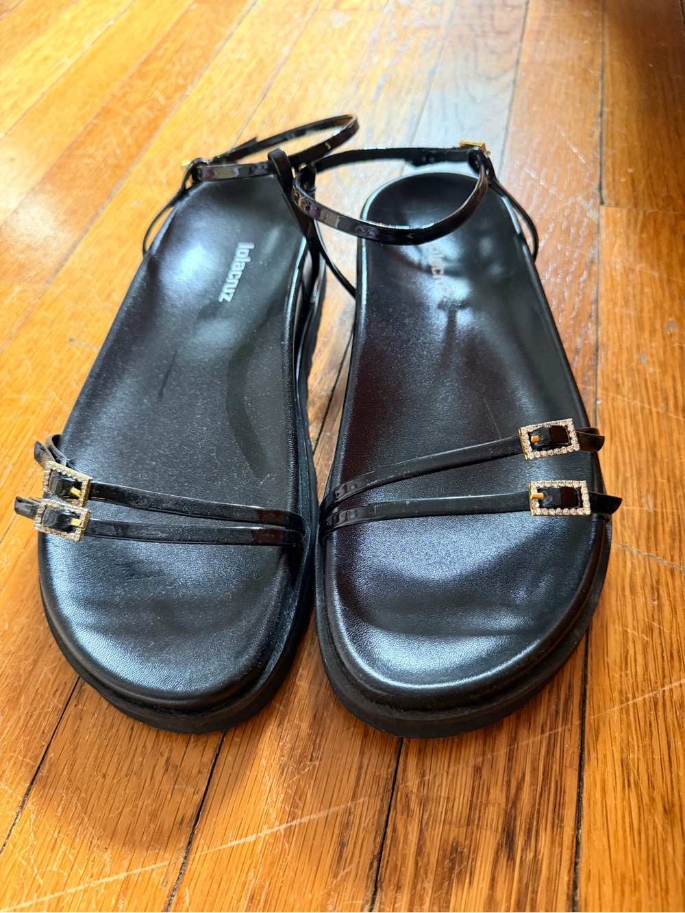 Anthropologie Black Strappy Flat Sandals with Gold Buckles